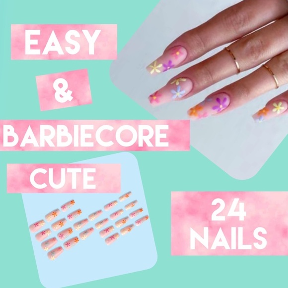 Acrylic Long Coffin Tip Matte Pastel Flower Barbiecore Fantasy Manicure Nails - Picture 2 of 6